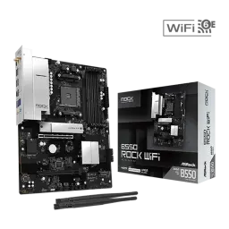 ASRock B550 Rock WiFi 128GB, vista secundaria: placa base en ángulo con caja y antenas WiFi 6E incluidas