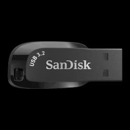 SanDisk Pendrive Ultra Shift 64GB preto, vista lateral: conector USB 3.2 exposto, corpo compacto e logo SanDisk visível