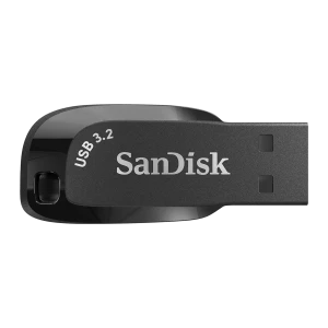 SanDisk Pendrive Ultra Shift 64GB negro, vista lateral: conector USB 3.2 expuesto, cuerpo compacto y logo SanDisk visible