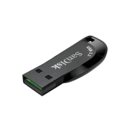 SanDisk Ultra Shift 64GB preto, vista em perspectiva: conector USB 3.2 exposto com chip verde visível e logótipo SanDisk