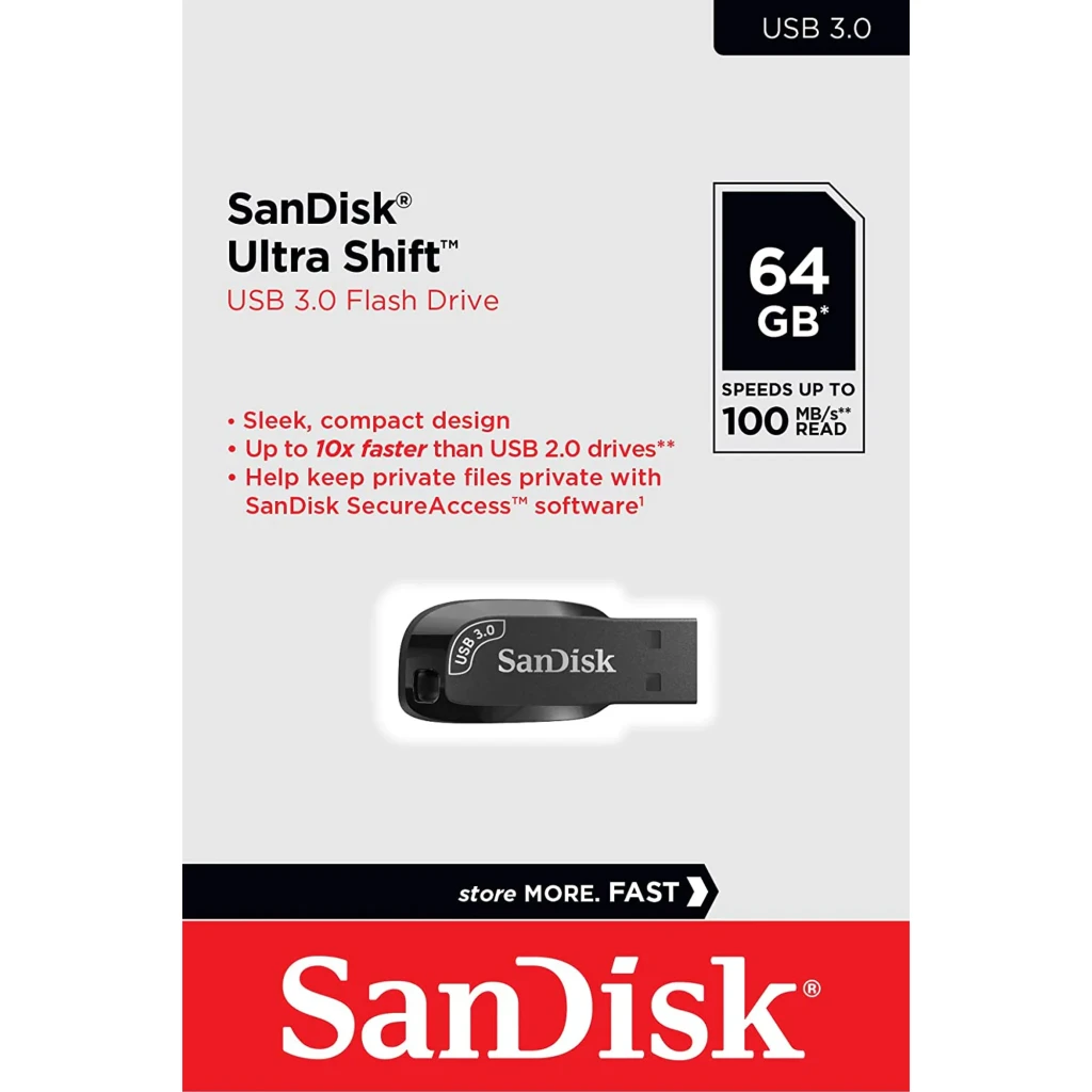 SanDisk Pendrive Ultra Shift 64GB negro, vista lateral: conector USB 3.2 expuesto, cuerpo compacto y logo SanDisk visible - Ítem5