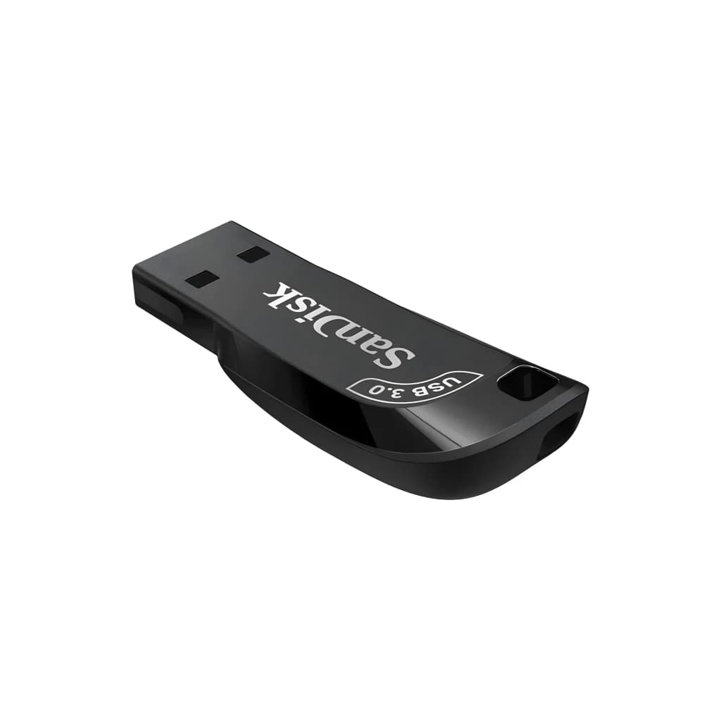 SanDisk Pendrive Ultra Shift 64GB Preto, vista diagonal: conector USB 3.0 e logo SanDisk em corpo preto brilhante