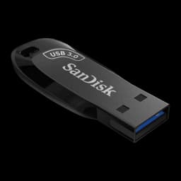 SanDisk Ultra Shift 64GB preto, vista lateral: corpo metálico com logo, conector USB-A azul e ilhó
