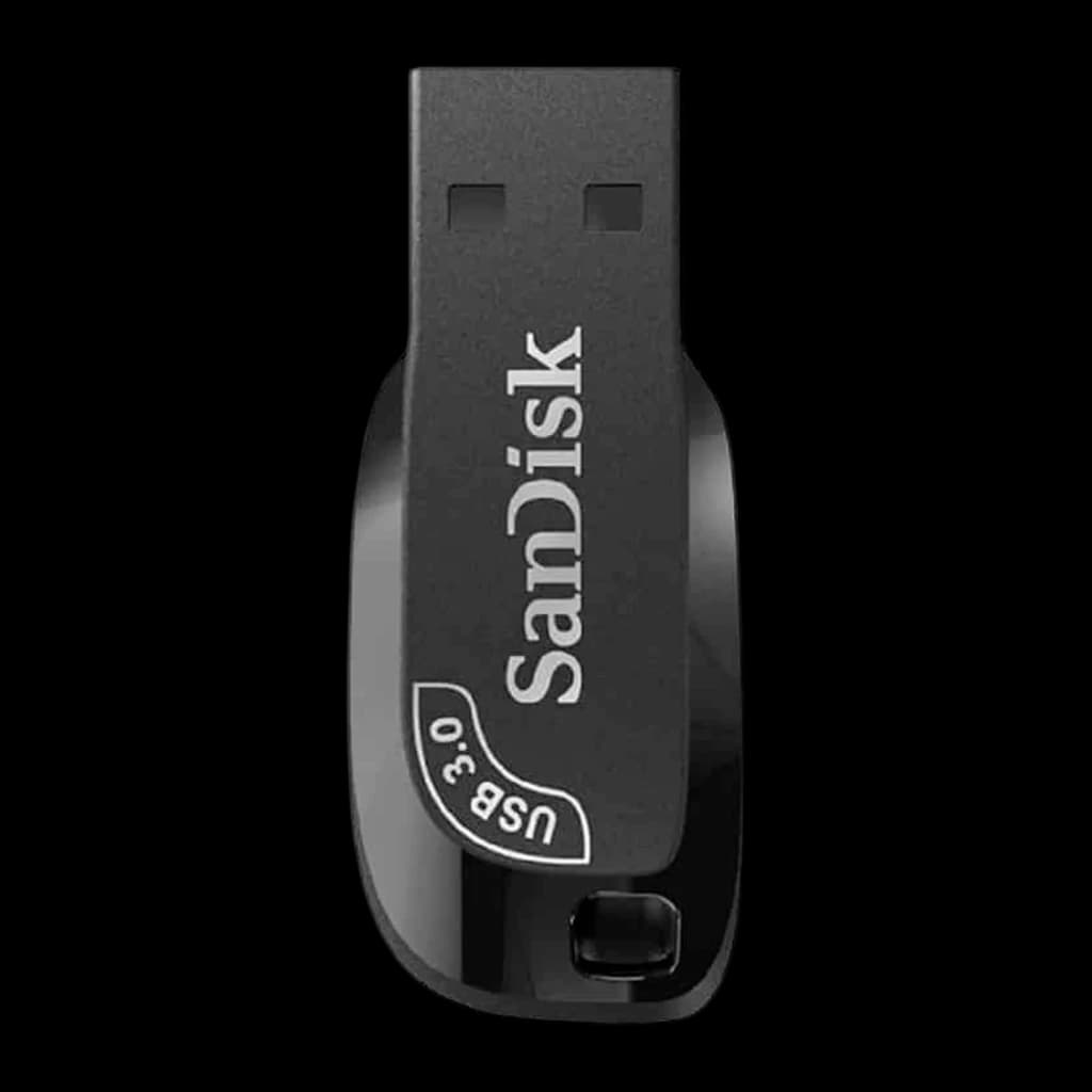 SanDisk Ultra Shift 64GB preto, vista frontal: conector USB-A no topo, logo centralizado e etiqueta USB 3.0
