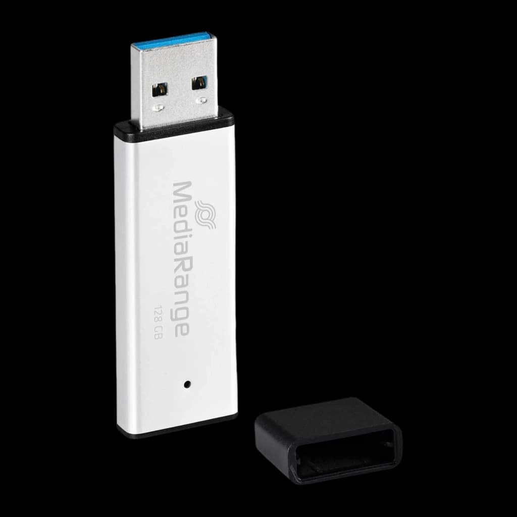 MediaRange MR1902 128GB preto, vista frontal: corpo prateado com logo, conector USB-A azul e tampa preta separada