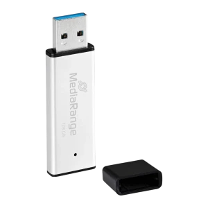 MediaRange MR1902 128GB negro, vista frontal: cuerpo plateado con logo, conector USB-A azul y tapa negra separada