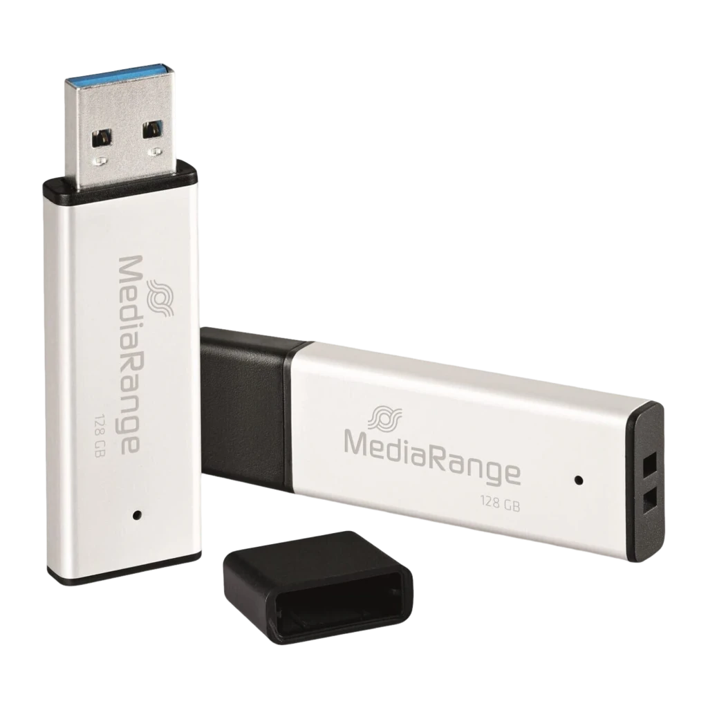 MediaRange MR1902 128GB negro, vista frontal: cuerpo plateado con logo, conector USB-A azul y tapa negra separada - Ítem1