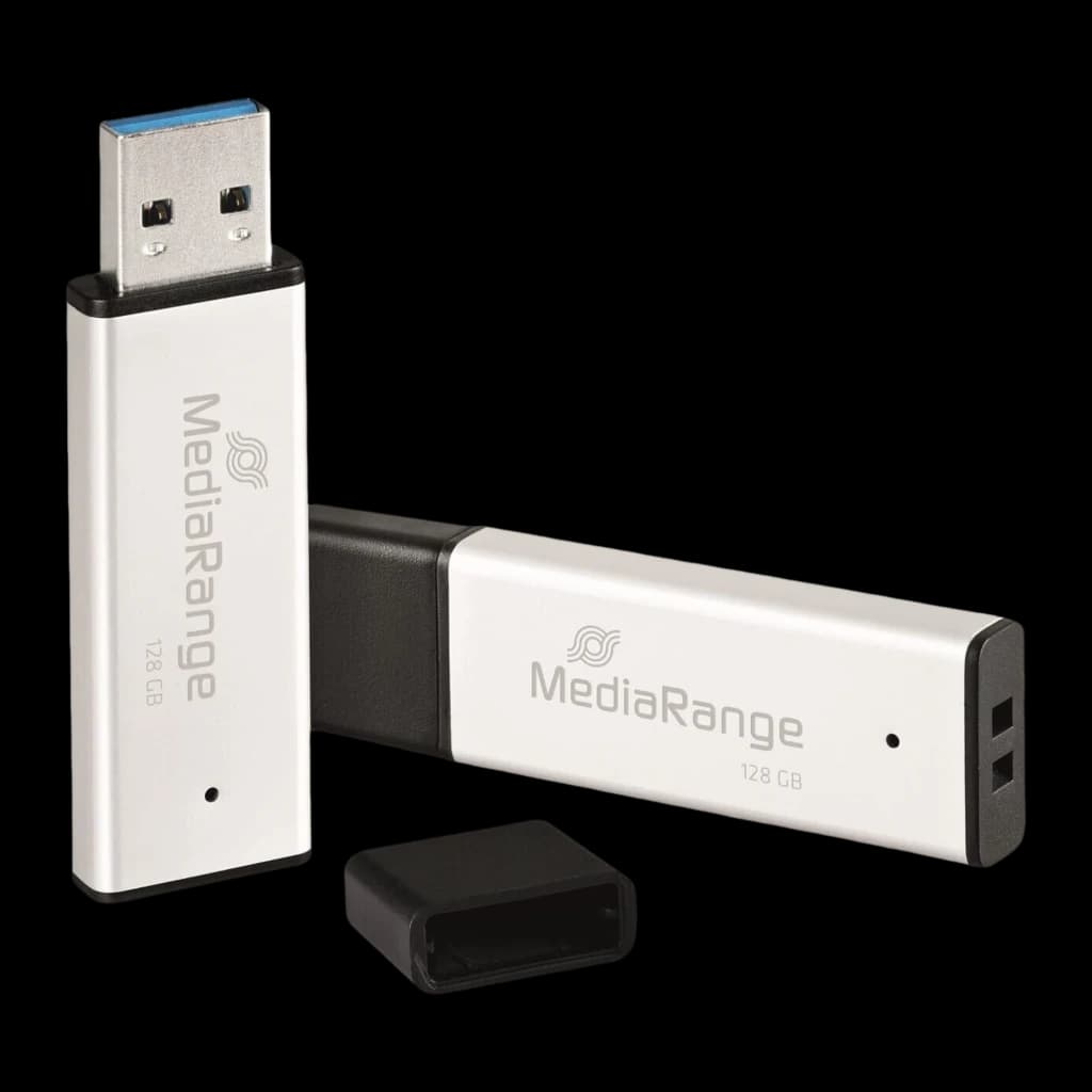 MediaRange MR1902 128GB preto, duas unidades: vista frontal e lateral com corpo prateado, tampa preta e 128 GB gravado