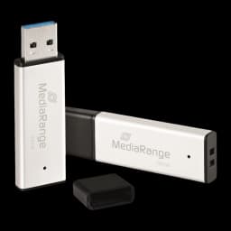 MediaRange MR1902 128GB preto, duas unidades: vista frontal e lateral com corpo prateado, tampa preta e 128 GB gravado