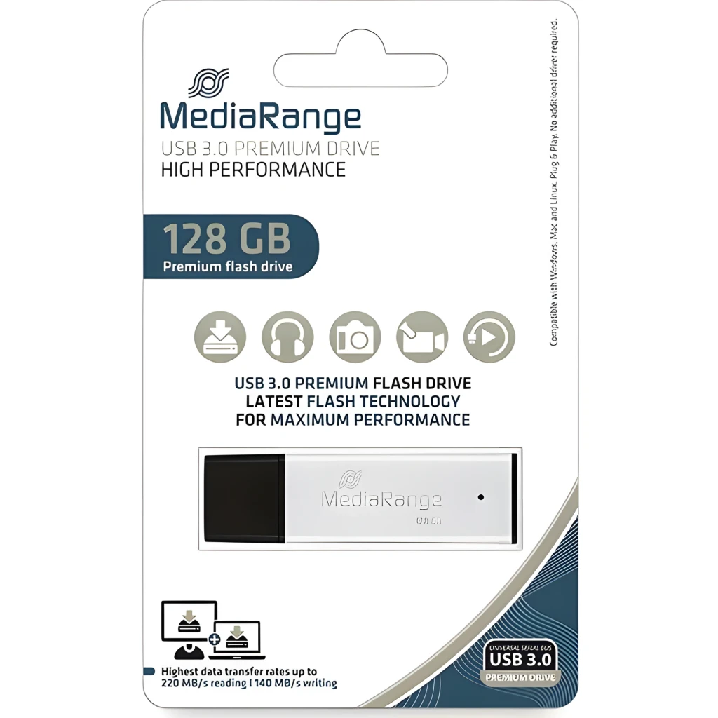 MediaRange MR1902 128GB negro, vista frontal: cuerpo plateado con logo, conector USB-A azul y tapa negra separada - Ítem4