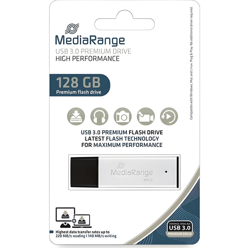 MediaRange MR1902 128GB preto, embalagem: blister frontal com pen USB prateada e preta visível, USB 3.0