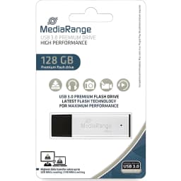 MediaRange MR1902 128GB preto, embalagem: blister frontal com pen USB prateada e preta visível, USB 3.0