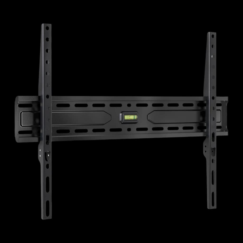 TooQ LP1050F-B soporte pared fijo negro, vista frontal: estructura metálica con nivel de burbuja central y raíles perforados