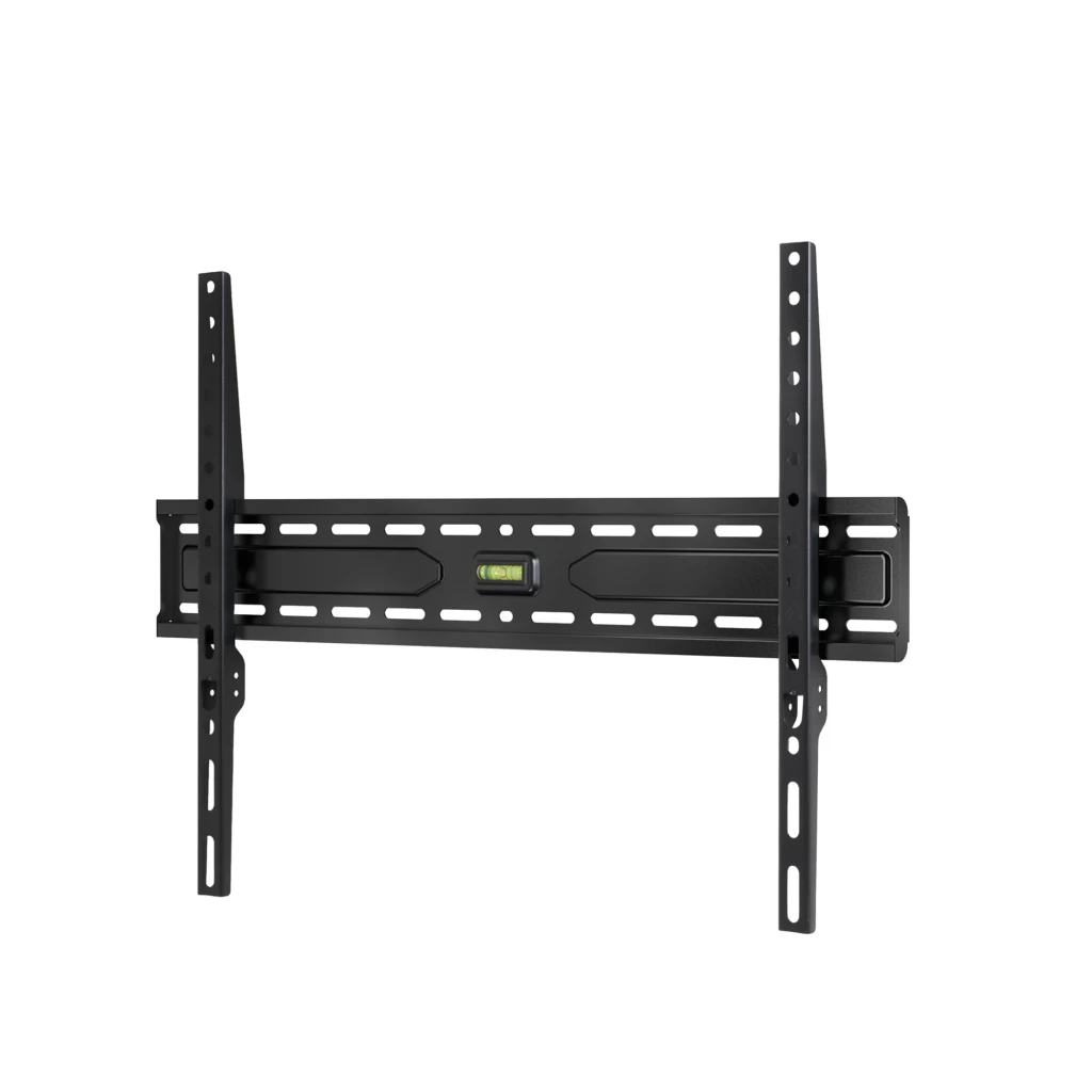 TooQ LP1050F-B soporte pared fijo negro, vista frontal: estructura metálica con nivel de burbuja central y raíles perforados - Ítem1
