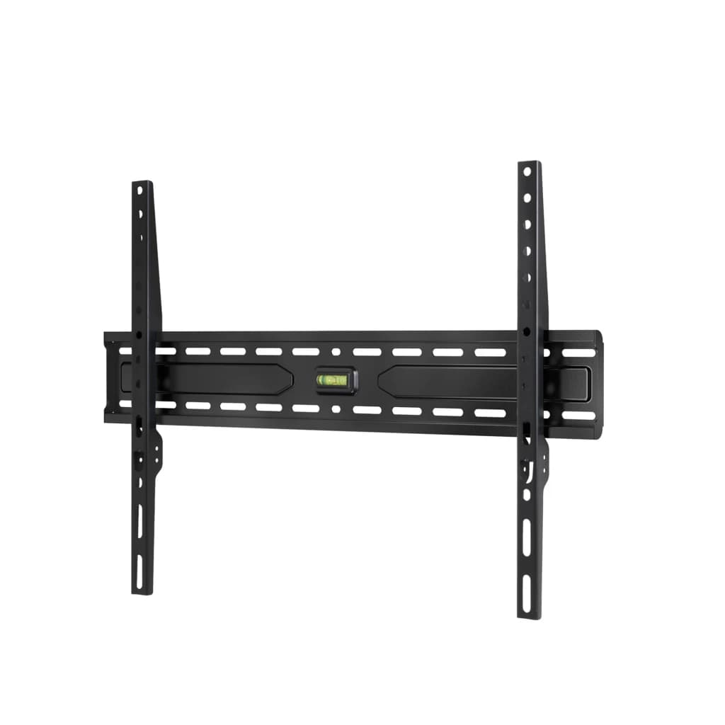 TooQ Soporte TV LP1050F-B Fijo Negro, vista en perspectiva: estructura metálica con nivel de burbuja central y ranuras VESA