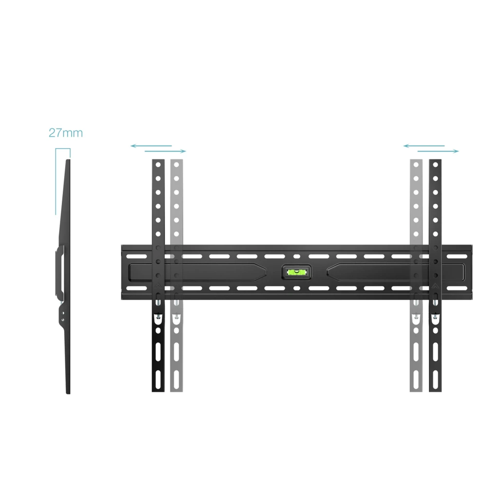TooQ LP1050F-B soporte pared fijo negro, vista frontal: estructura metálica con nivel de burbuja central y raíles perforados - Ítem2