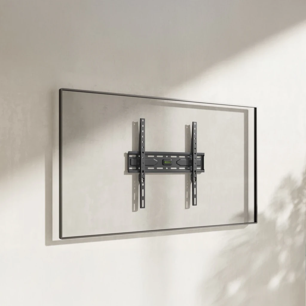 TooQ LP1050F-B soporte pared fijo negro, vista frontal: estructura metálica con nivel de burbuja central y raíles perforados - Ítem3