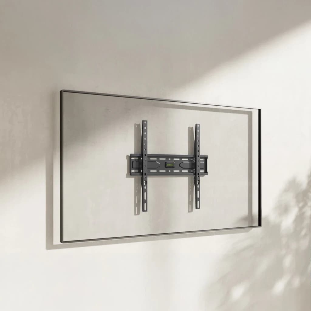 TooQ LP1050F-B Soporte TV Fijo Negro, vista frontal en pared: brazo en H con nivel de burbuja verde centrado