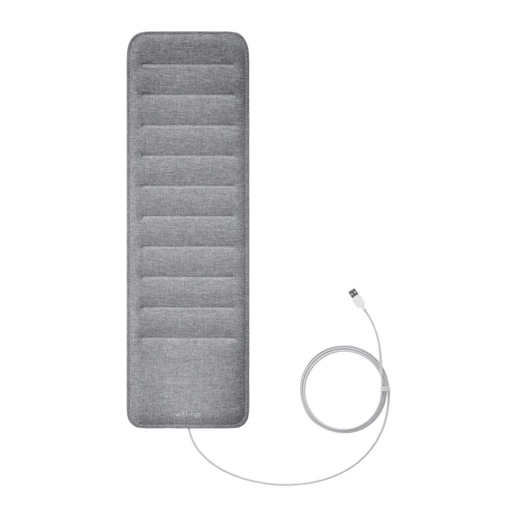 Withings Sleep Analyzer Gris, vue de dessus: tapis rectangulaire avec coutures horizontales, logo et câble en bas - Ítem5