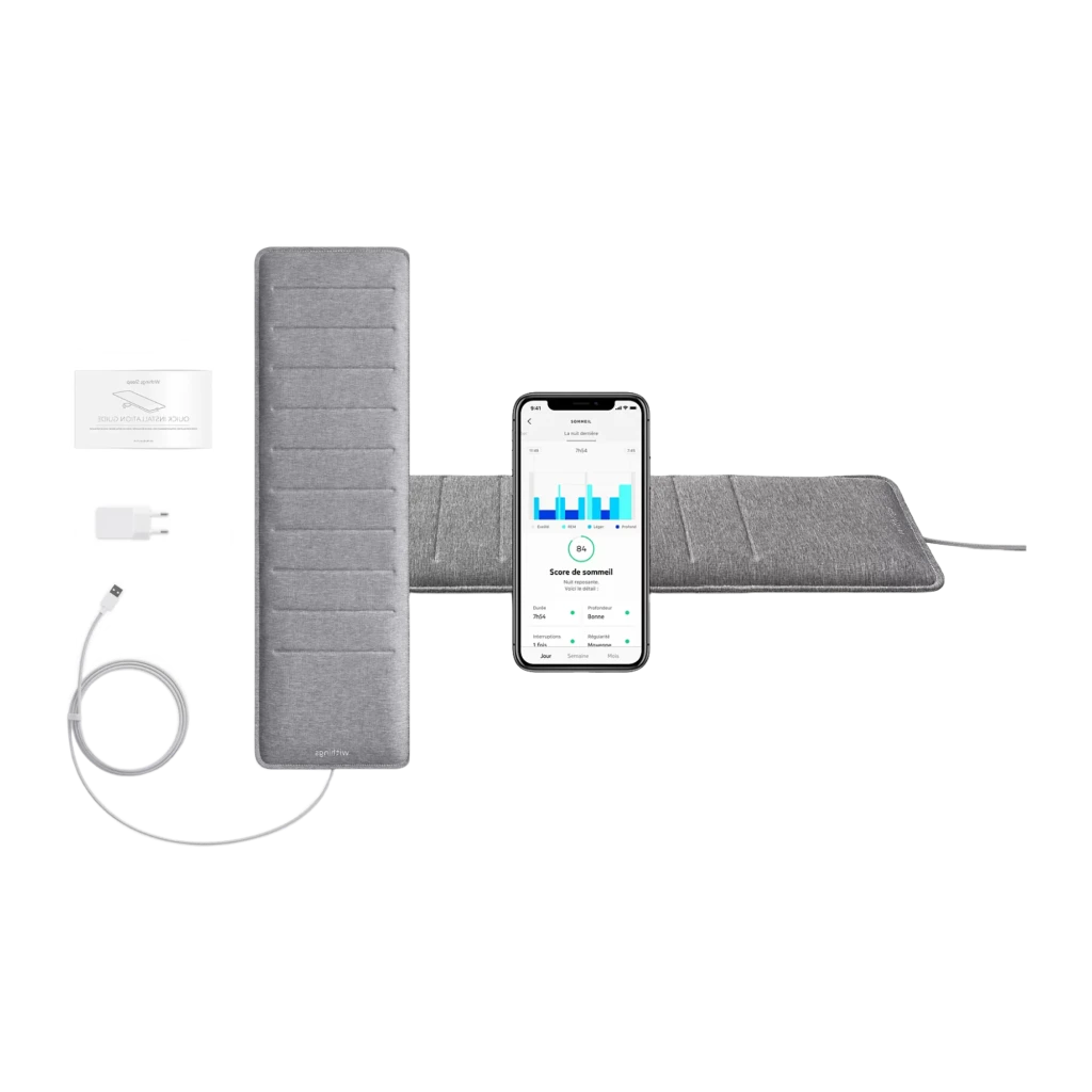 Withings Sleep Analyzer Gris, vue de dessus: tapis rectangulaire avec coutures horizontales, logo et câble en bas - Ítem7