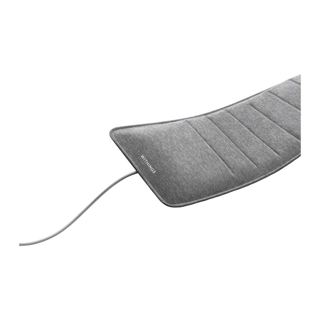 Withings Sleep Analyzer Gris, vue de dessus: tapis rectangulaire avec coutures horizontales, logo et câble en bas - Ítem2