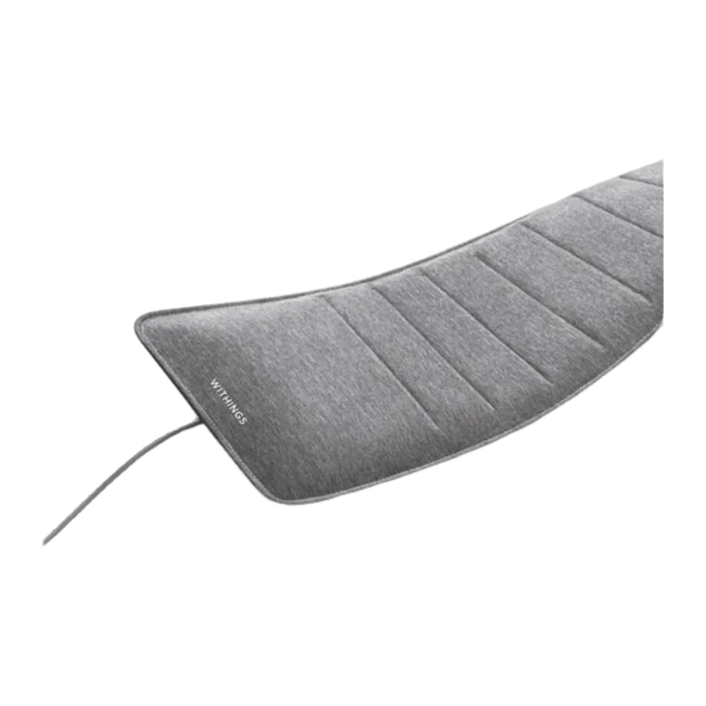 Withings Sleep Analyzer Gris, vue de dessus: tapis rectangulaire avec coutures horizontales, logo et câble en bas - Ítem3
