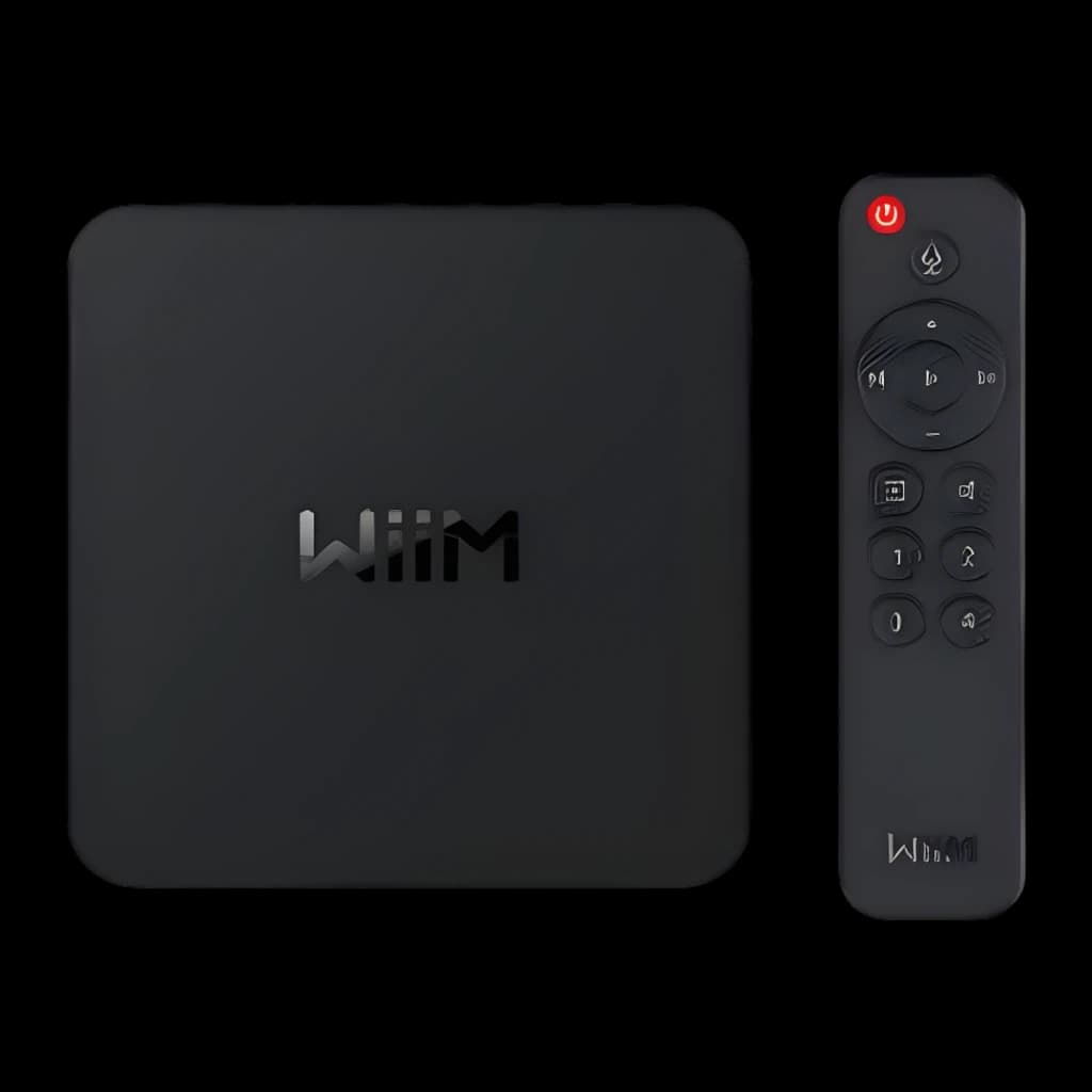 Wiim Reproductor de red Pro Plus rojo, vista superior con mando: unidad negra con logo y mando a distancia con botón de