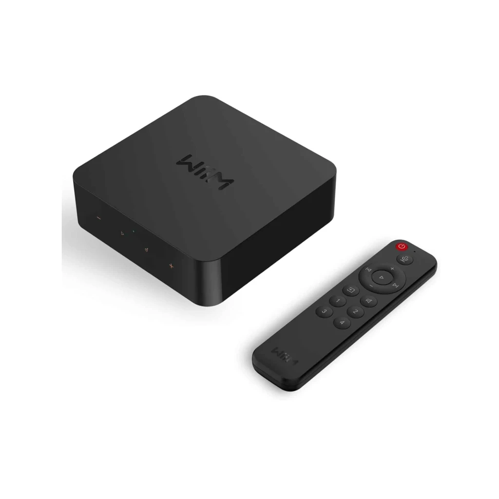 Wiim Lecteur réseau Pro Plus rouge, vue dessus avec télécommande: unité noire avec logo et télécommande avec bouton - Ítem1