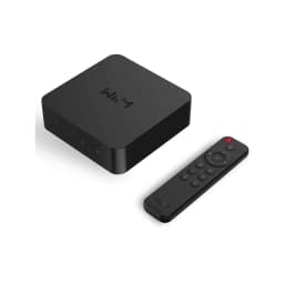 Wiim Pro Plus reproductor de red negro, vista superior con mando: dispositivo compacto y mando a distancia negro con botón