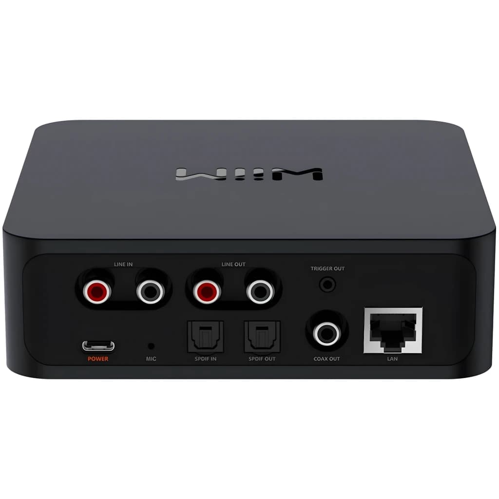 Wiim Pro Plus Reproductor de red rojo, vista trasera: puertos RCA, SPDIF, coaxial, LAN y USB-C de alimentación