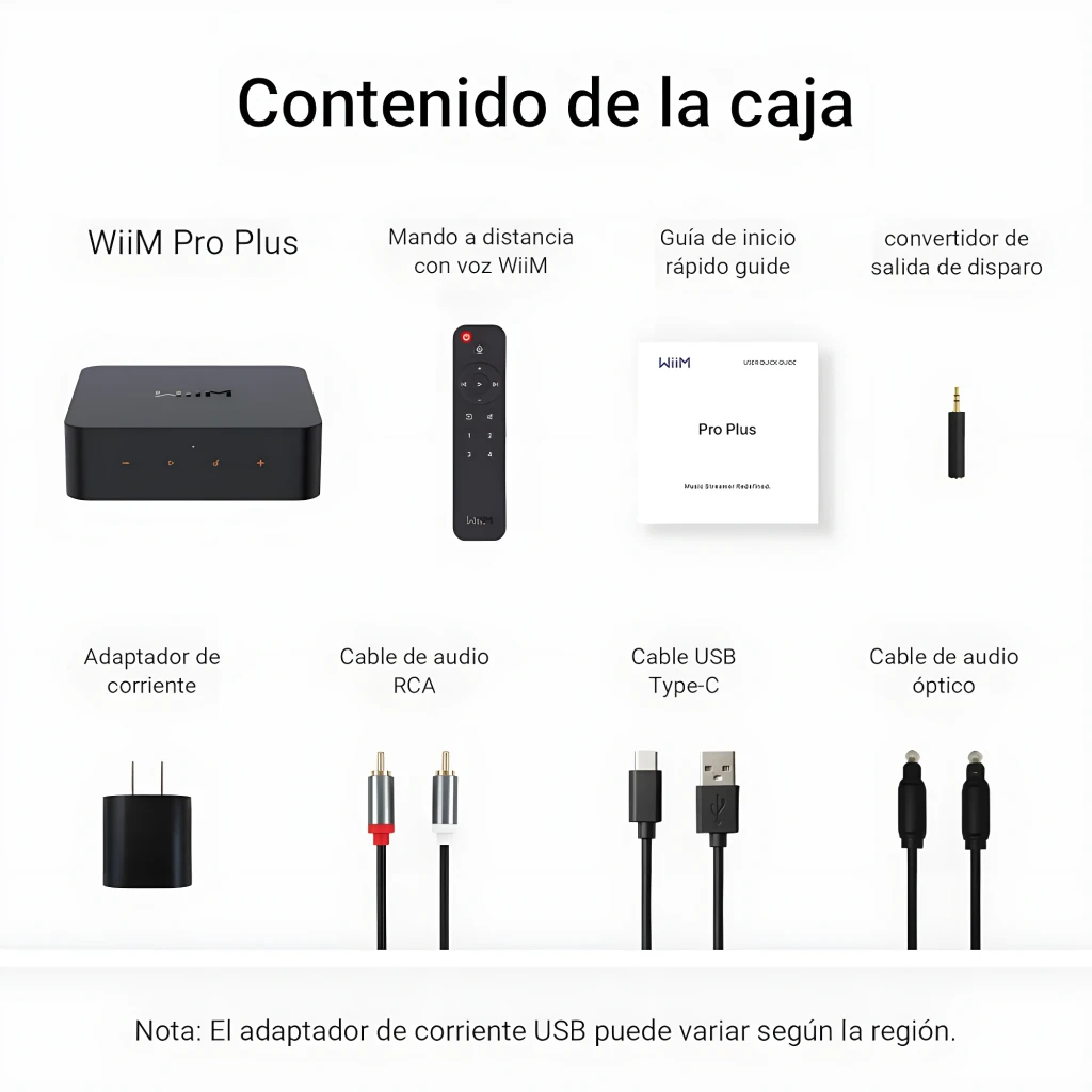 Wiim Lecteur réseau Pro Plus rouge, vue dessus avec télécommande: unité noire avec logo et télécommande avec bouton - Ítem5