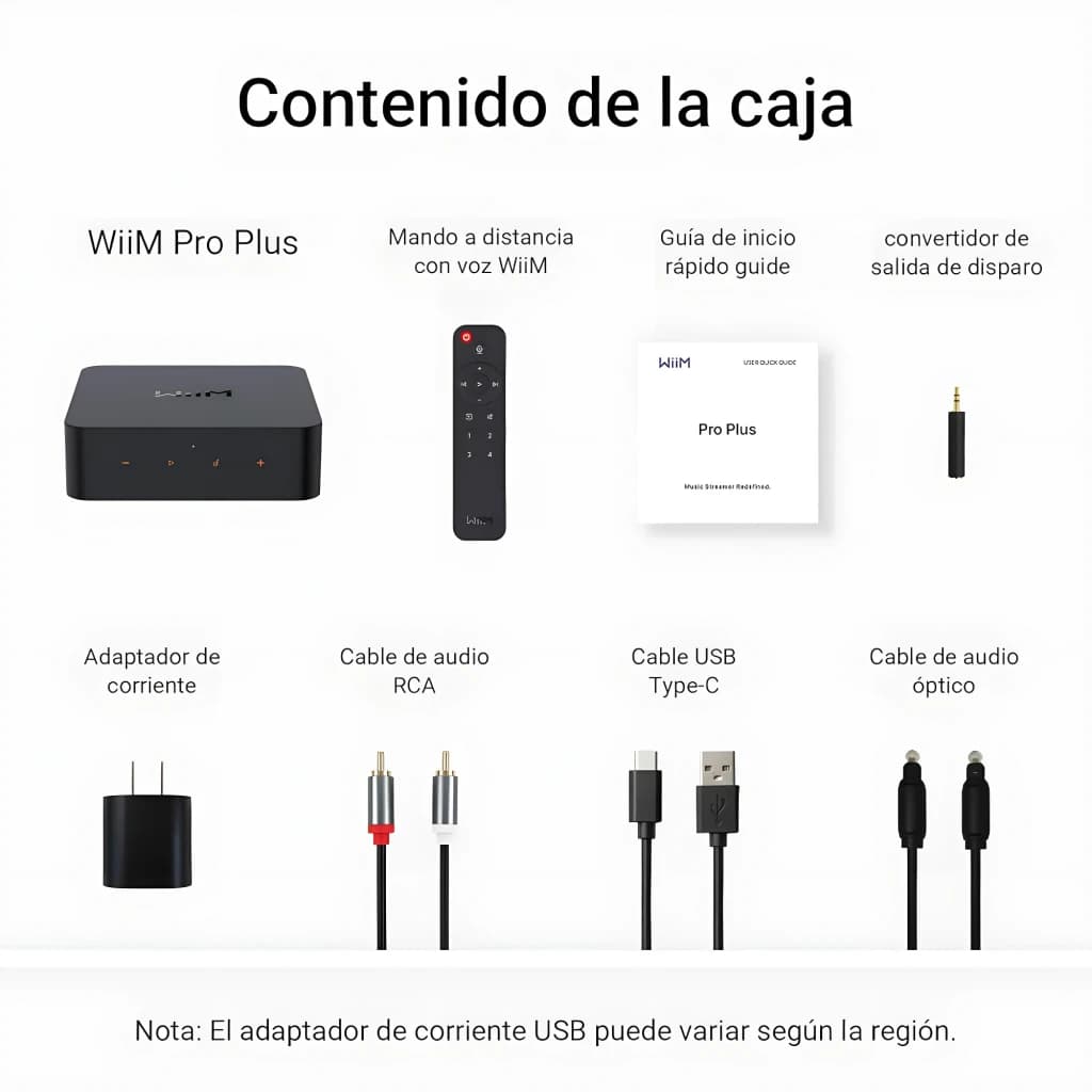 Wiim Pro Plus Rojo, contenido de la caja: reproductor, mando voz, guía, adaptador disparo, corriente, cables RCA, USB-C y