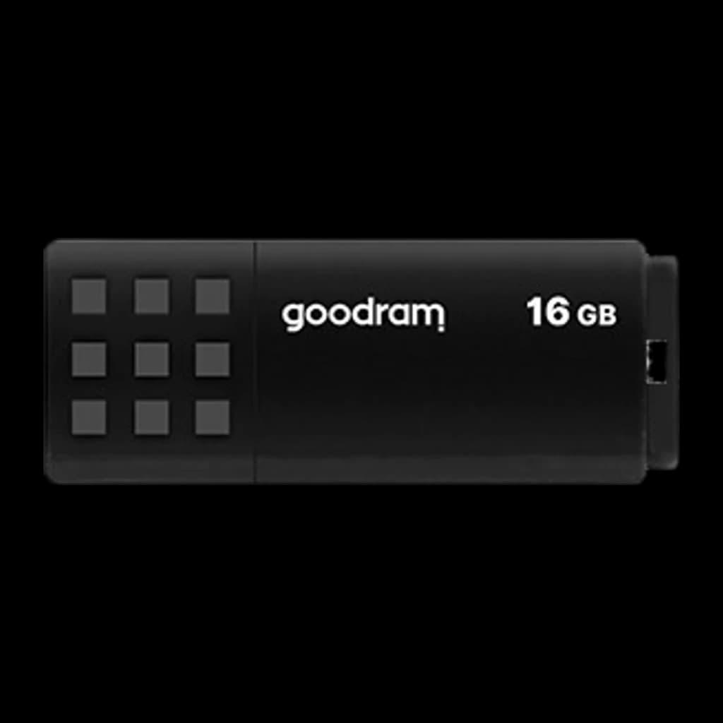 GoodRam UME3 16GB negro, vista frontal: cuerpo plano con patrón de cuadros en relieve y logo goodram 16GB