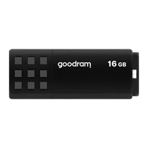 GoodRam UME3 16GB noir, vue de face: corps plat avec motif de carrés en relief et logo goodram 16GB
