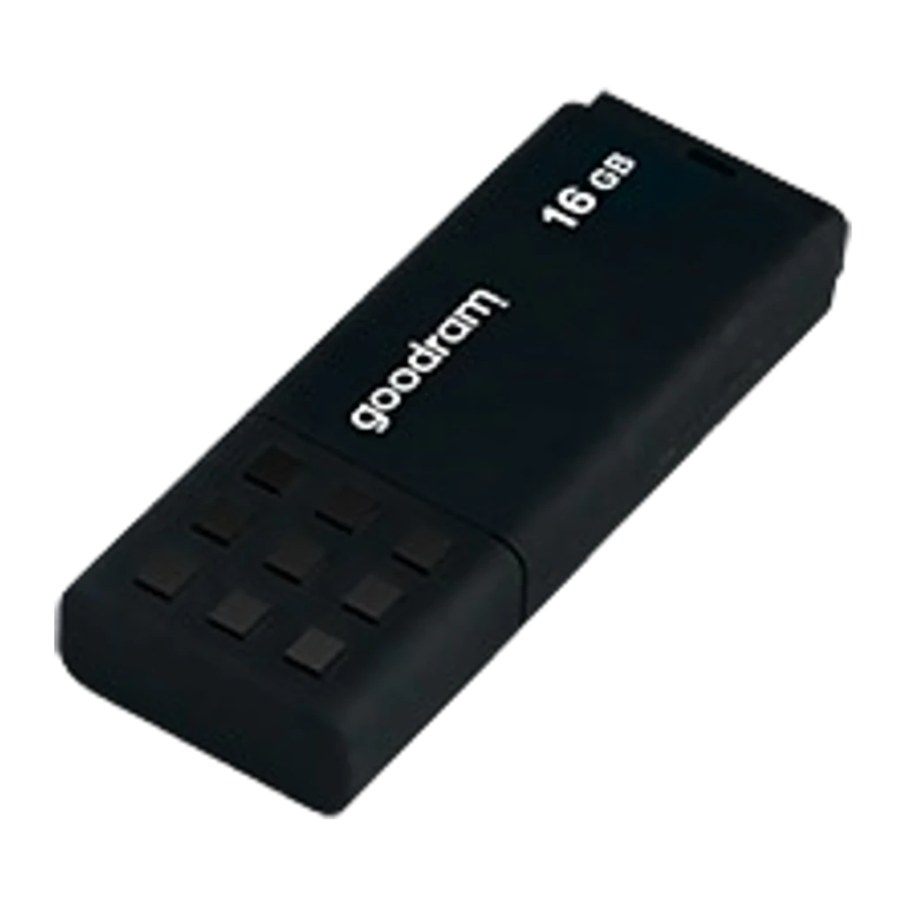 GoodRam UME3 16GB noir, vue de face: corps plat avec motif de carrés en relief et logo goodram 16GB - Ítem2