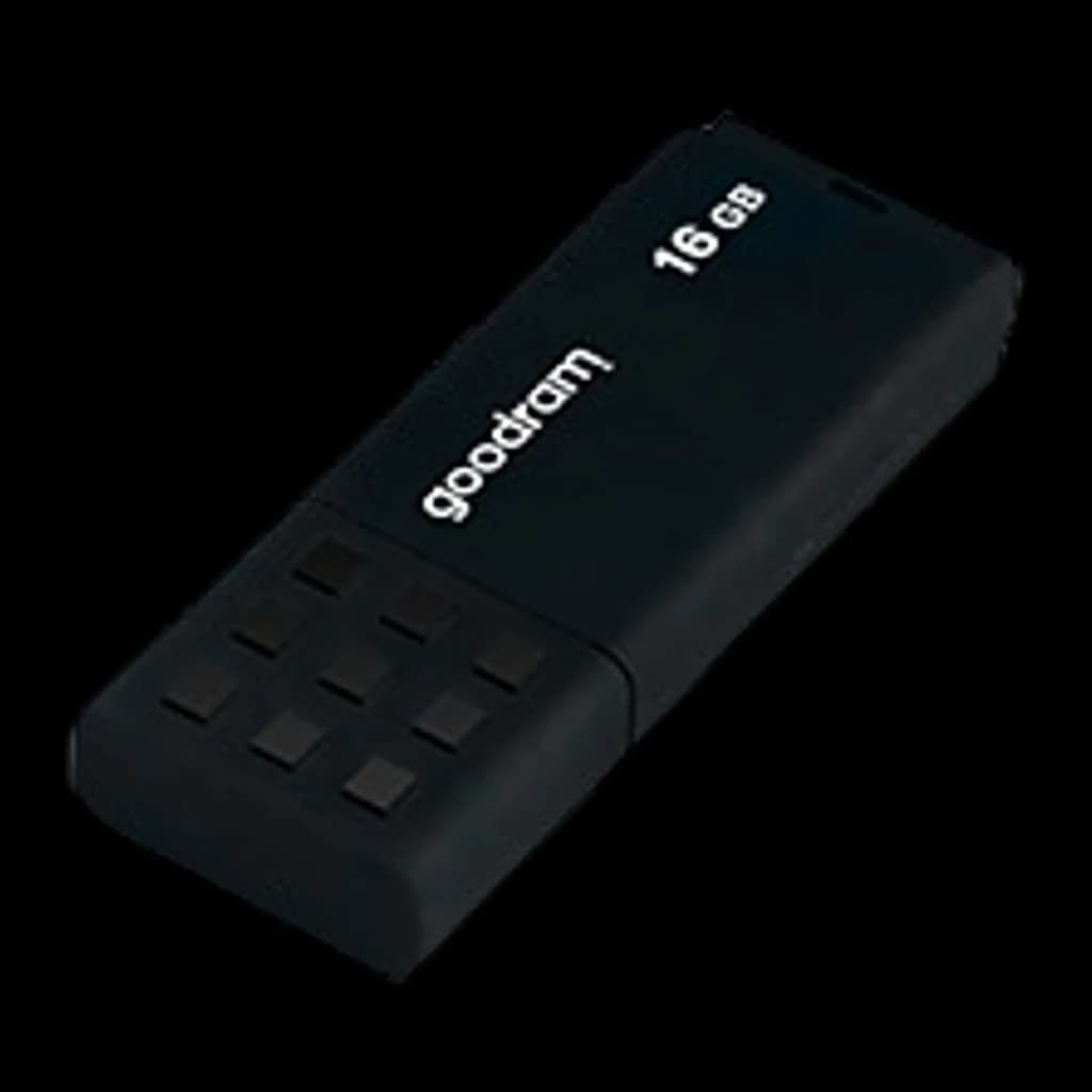GoodRam UME3 16GB negro, vista en perspectiva: ángulo tres cuartos mostrando grosor y patrón de cuadros en relieve