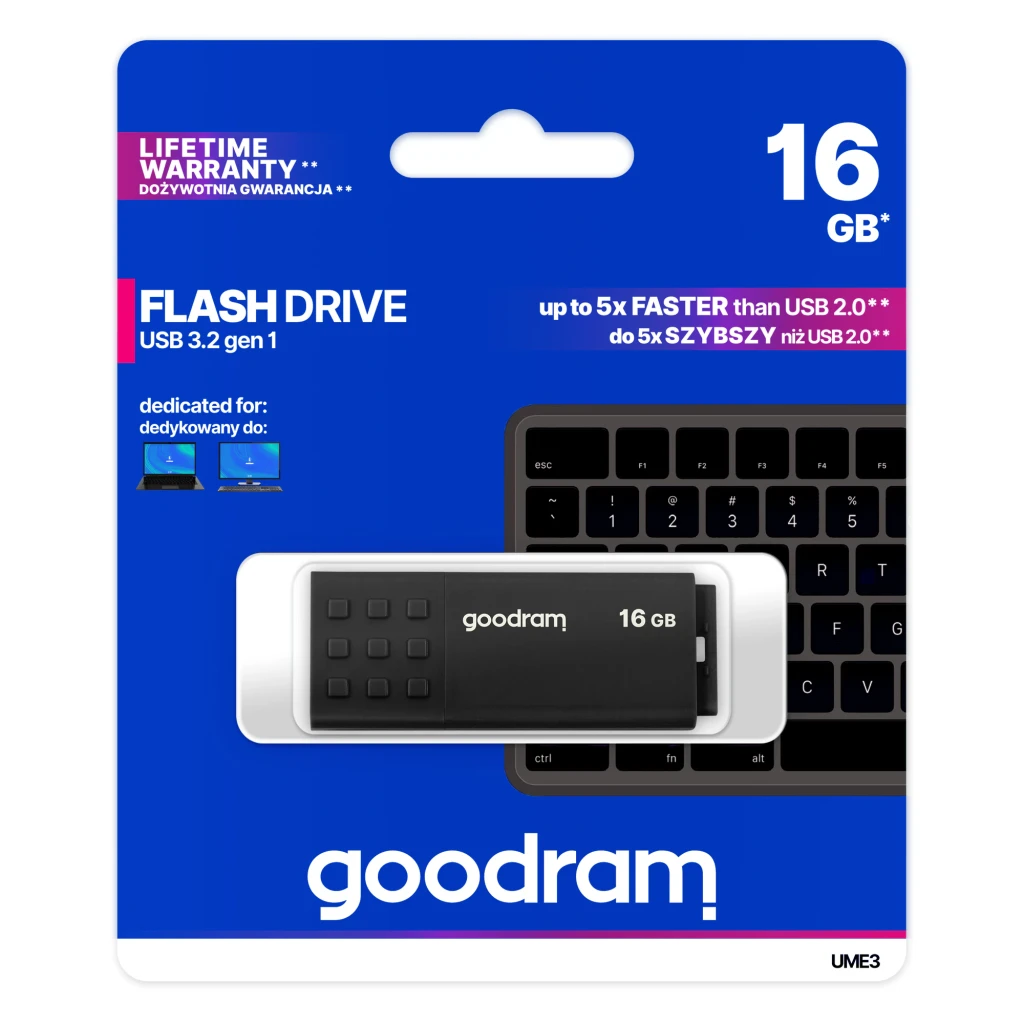 GoodRam UME3 16GB noir, vue de face: corps plat avec motif de carrés en relief et logo goodram 16GB - Ítem4