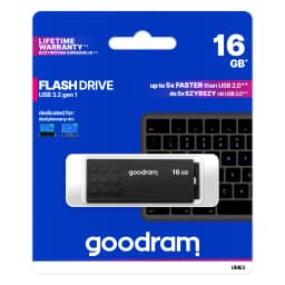 GoodRam UME3 16GB negro, packaging: blíster azul con pendrive negro y teclado de fondo