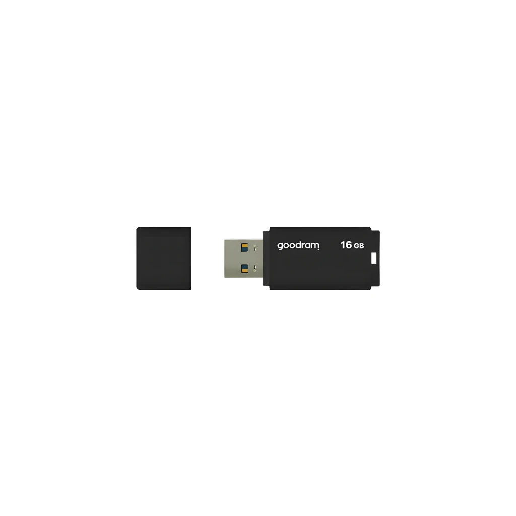 GoodRam UME3 16GB noir, vue de face: corps plat avec motif de carrés en relief et logo goodram 16GB - Ítem1