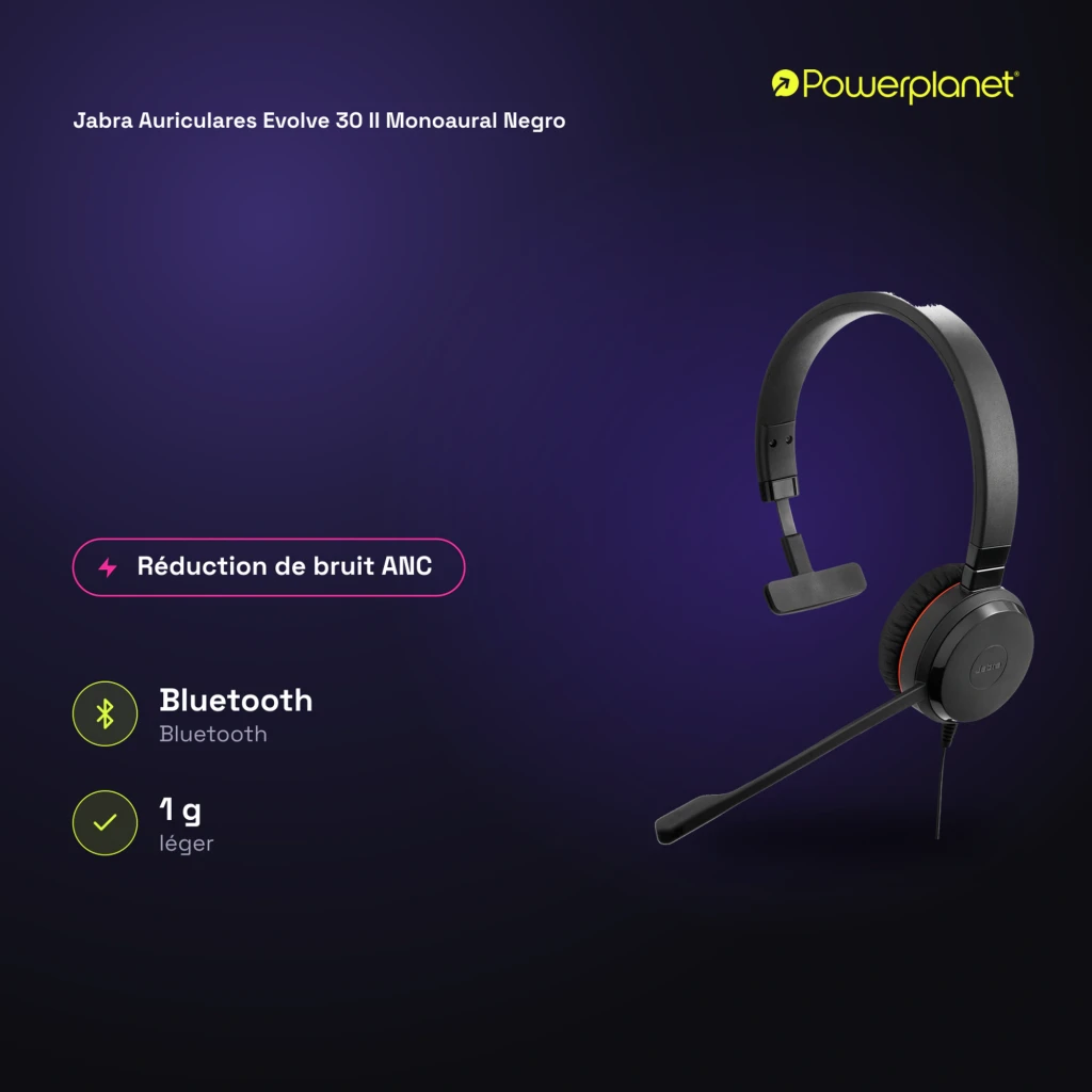 Jabra Evolve 30 II Monoaural Negro, vista lateral derecha: auricular con micrófono boom y banda ajustable - Ítem6