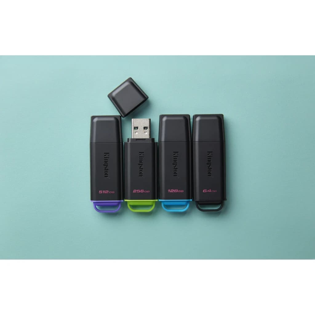 Kingston DataTraveler Exodia G2 256GB noir/vert, gamme: 4 unités en capacités 64GB à 512GB sur fond bleu-vert