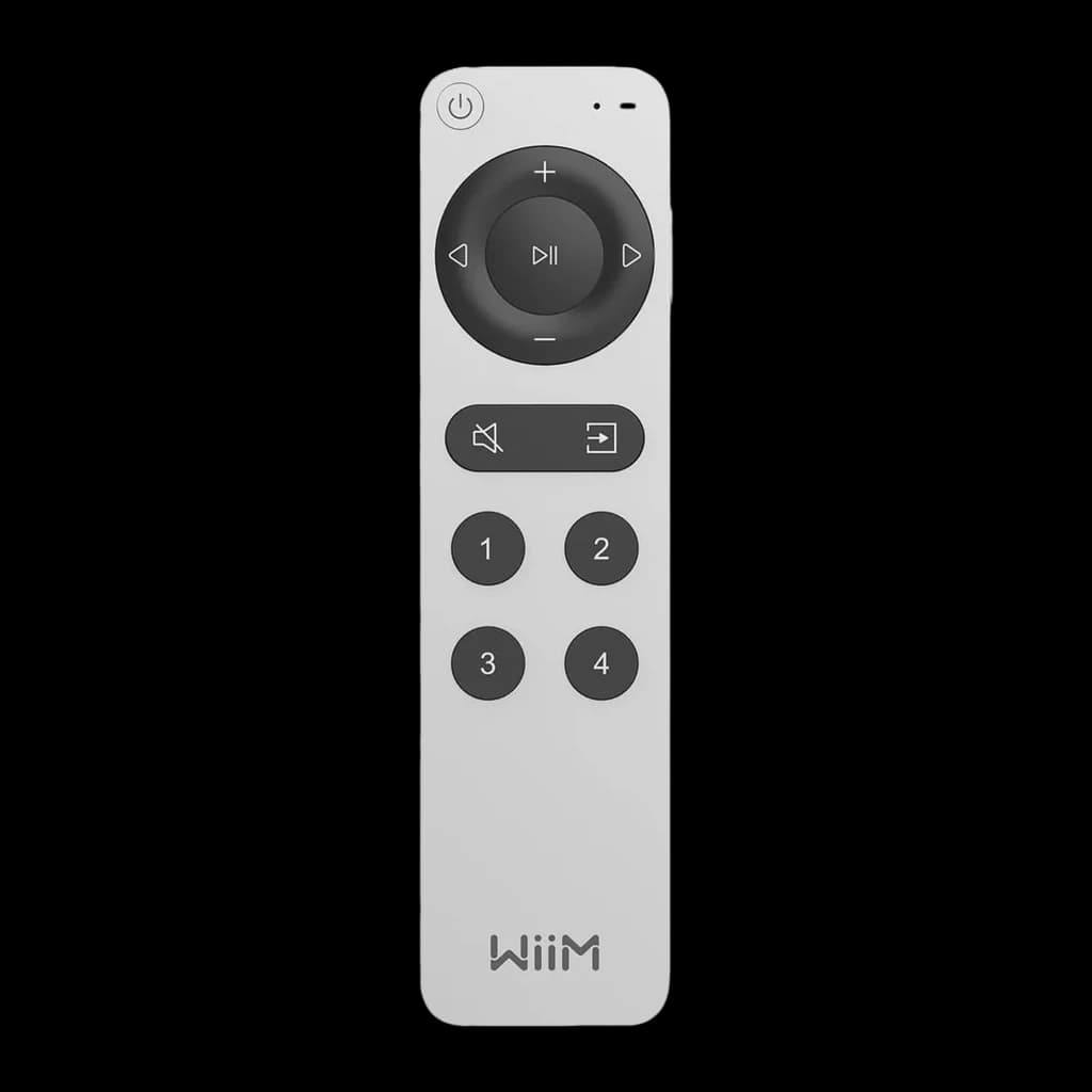 WiiM Remote II Argent, vue avant: télécommande allongée avec molette de navigation, boutons mute, entrée et touches 1-4