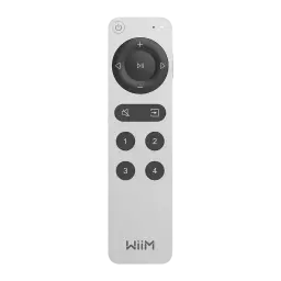 WiiM Remote II Argent, vue avant: télécommande allongée avec molette de navigation, boutons mute, entrée et touches 1-4