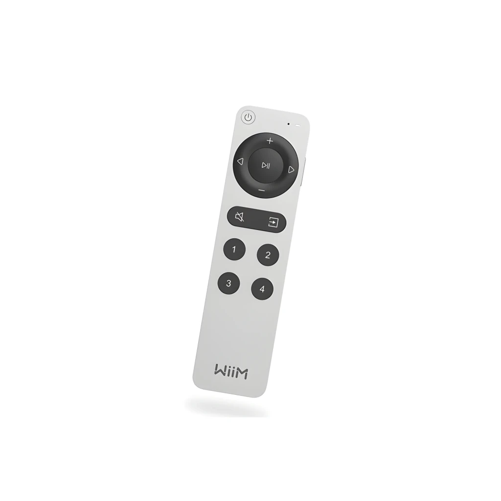 WiiM Remote II Plata, vista frontal: mando alargado con rueda de navegación, botones mute, entrada y teclas 1-4 - Ítem2