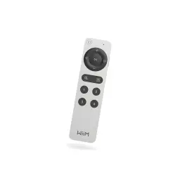 WiiM Remote II Argent, vue avant en angle: pavé de navigation circulaire, volume, source et touches 1-4