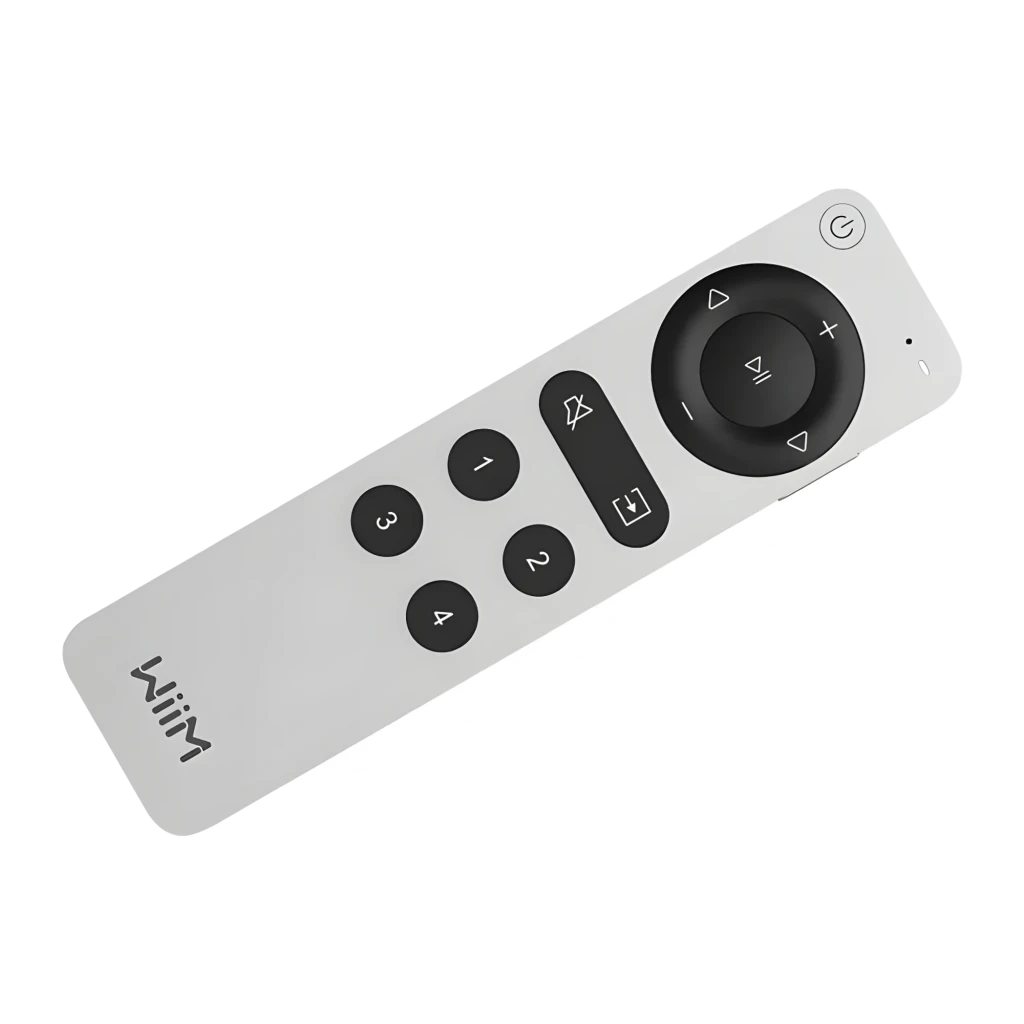 WiiM Remote II Plata, vista frontal: mando alargado con rueda de navegación, botones mute, entrada y teclas 1-4 - Ítem3