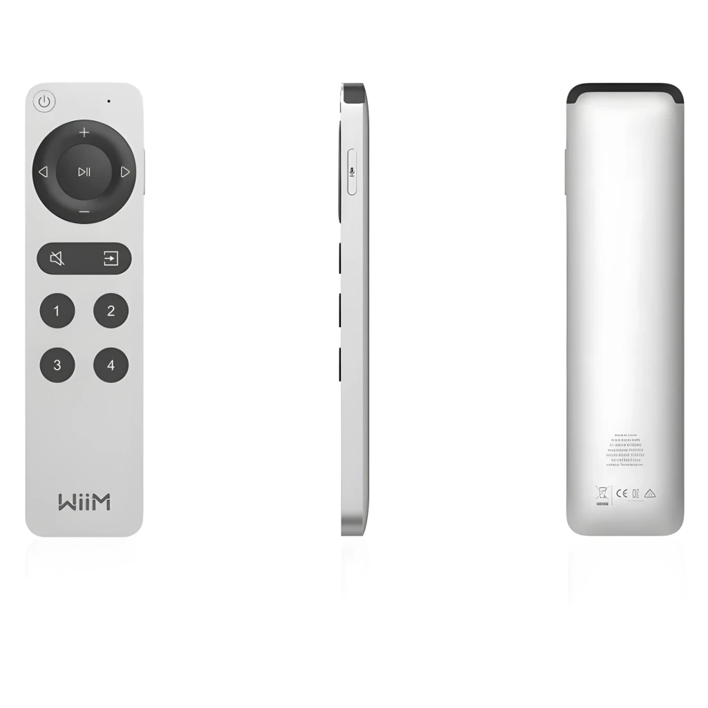 WiiM Remote II Plata, vista frontal: mando alargado con rueda de navegación, botones mute, entrada y teclas 1-4 - Ítem4
