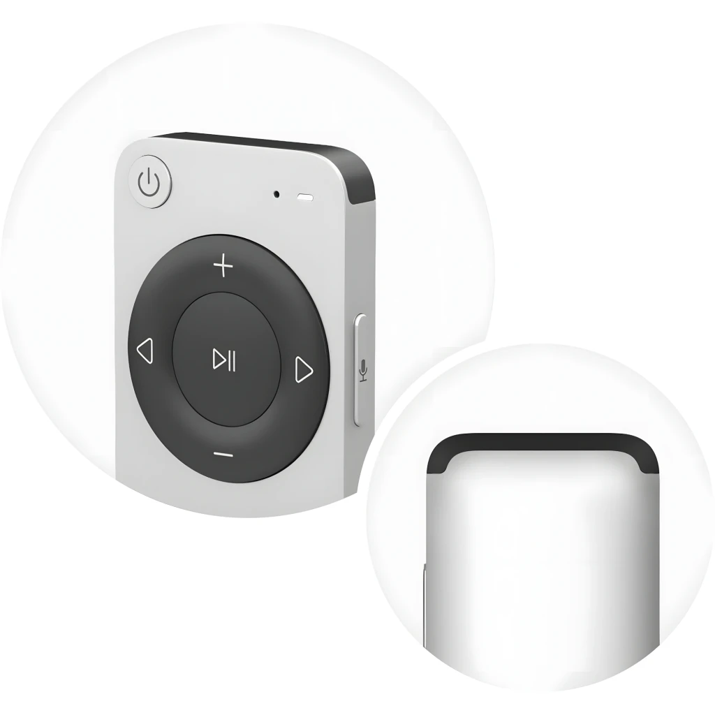 WiiM Remote II Plata, vista frontal: mando alargado con rueda de navegación, botones mute, entrada y teclas 1-4 - Ítem5