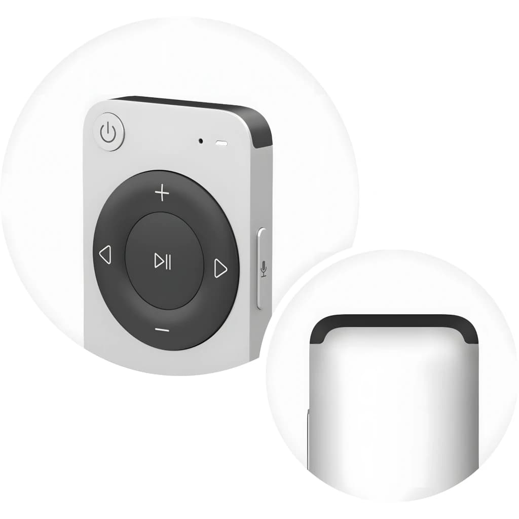 WiiM Remote II Argent, vue avant et détail latéral: molette de contrôle, bouton d'alimentation et profil métallique