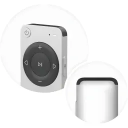 WiiM Remote II Argent, vue avant et détail latéral: molette de contrôle, bouton d'alimentation et profil métallique